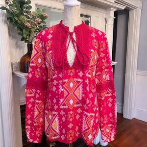 TORY BURCH 100% Cotton Pink & Orange Crotchet/Tassel Longsleeve Tunic Top Sz 6